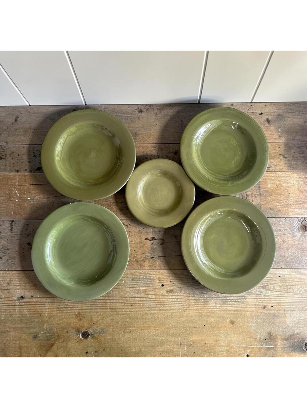 Vintage Hausenware /Plates Set 5 Pc Olive Green Ceramic 11.5”Serving Kitchen Set
